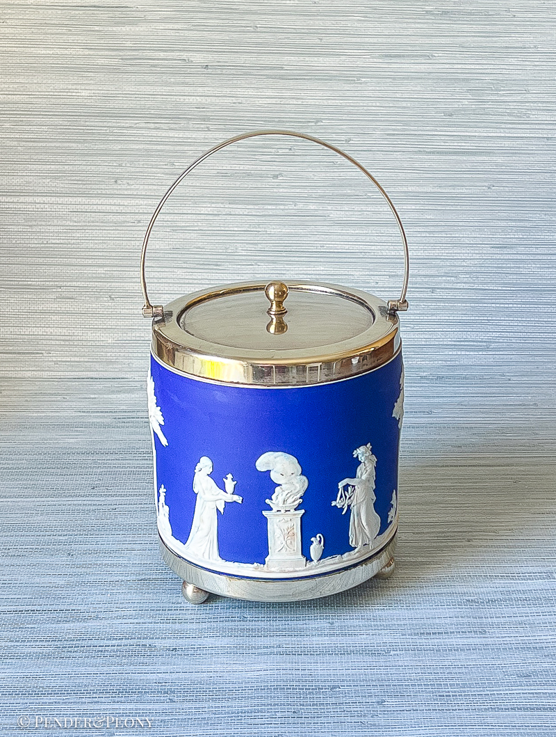 Cobalt blue Wedgwood Jasperware biscuit barrels with silverplate fittings.