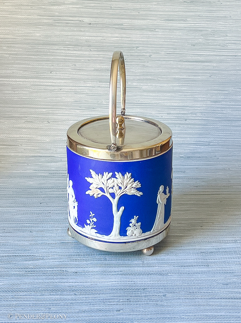 Cobalt blue Wedgwood Jasperware biscuit barrels with silverplate fittings.