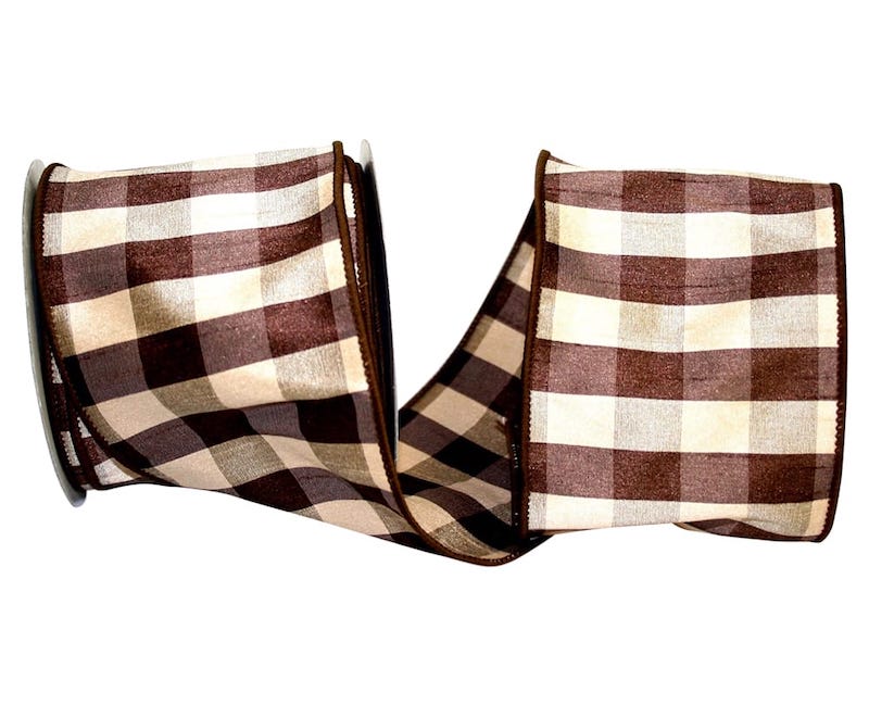 4 inch brown and white gingham ribbon