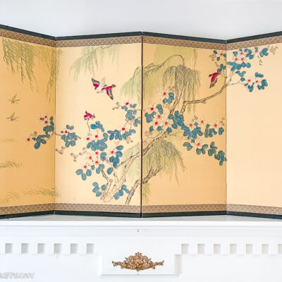 A gorgeous Japanese style byobu with graceful birds in a vivid pink and lovely white flowers with blue leaves/pods.