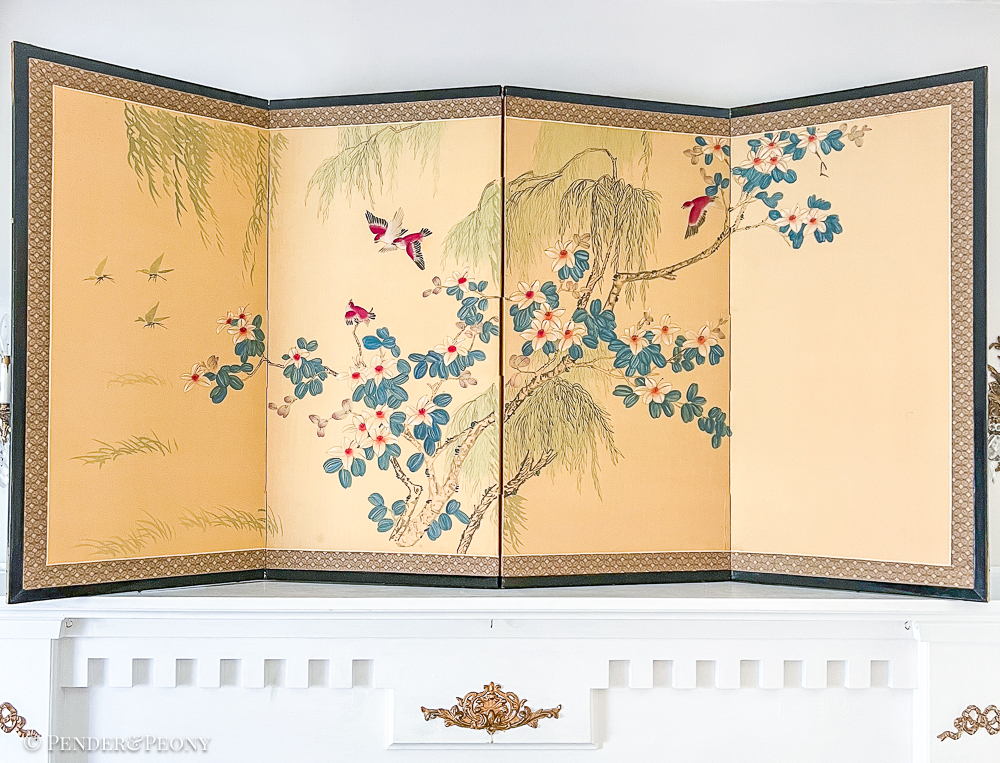 A gorgeous Japanese style byobu with graceful birds in a vivid pink and lovely white flowers with blue leaves/pods.