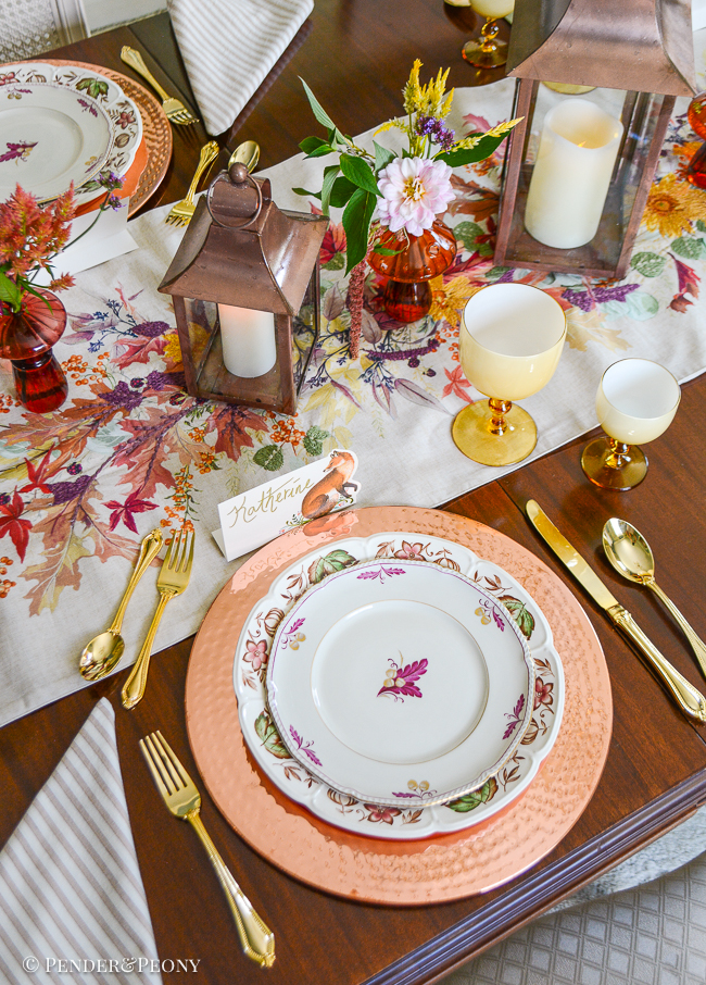 A so long summer, hello fall dinner table with copper, transferware, wildflowers, vintage glass, and Royal Tettau china.