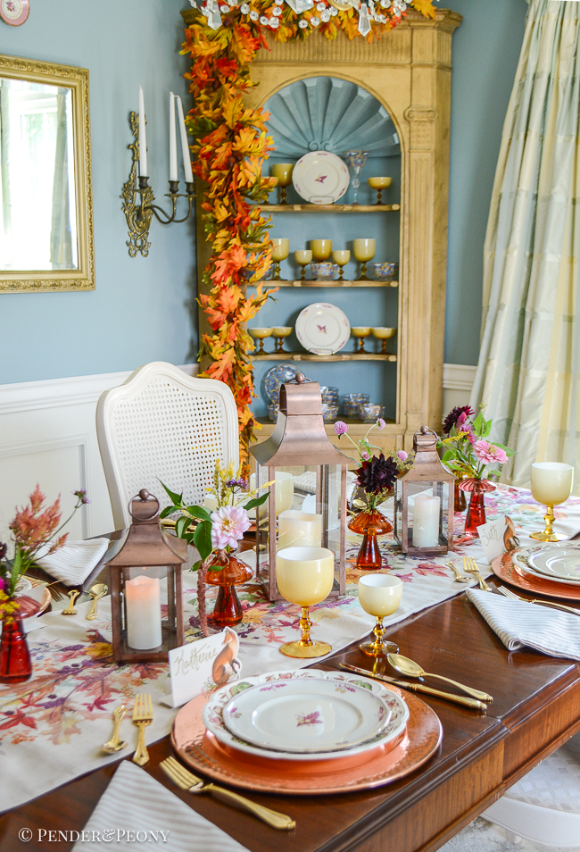 A so long summer, hello fall dinner table with copper, transferware, wildflowers, vintage glass, and Royal Tettau china.