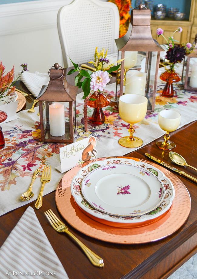 A so long summer, hello fall dinner table with copper, transferware, wildflowers, vintage glass, and Royal Tettau china.