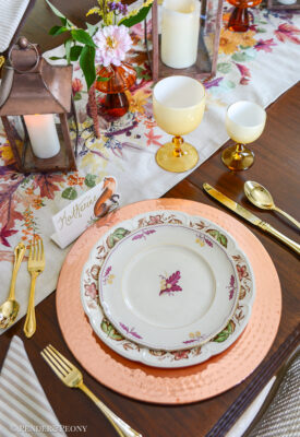 A so long summer, hello fall dinner table with copper, transferware, wildflowers, vintage glass, and Royal Tettau china.