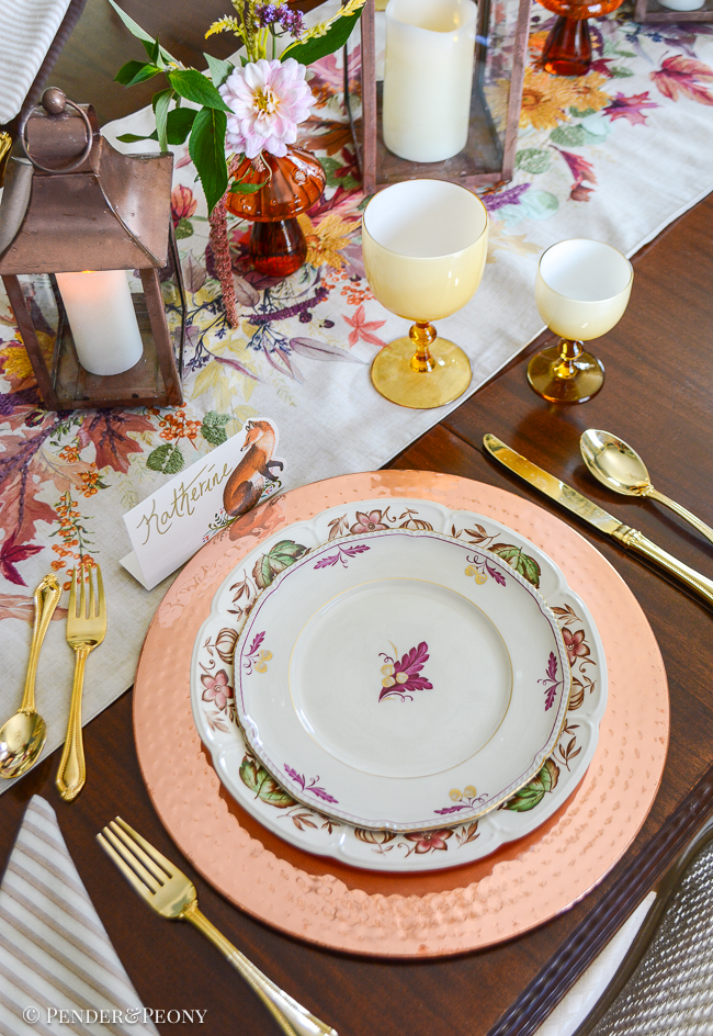 A so long summer, hello fall dinner table with copper, transferware, wildflowers, vintage glass, and Royal Tettau china.