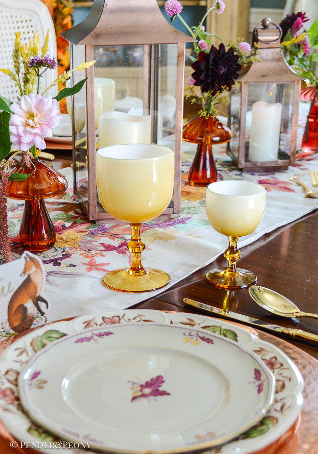 Carlo Moretti vintage cased glass goblets in amber add a lovely glow to this fall dinner table
