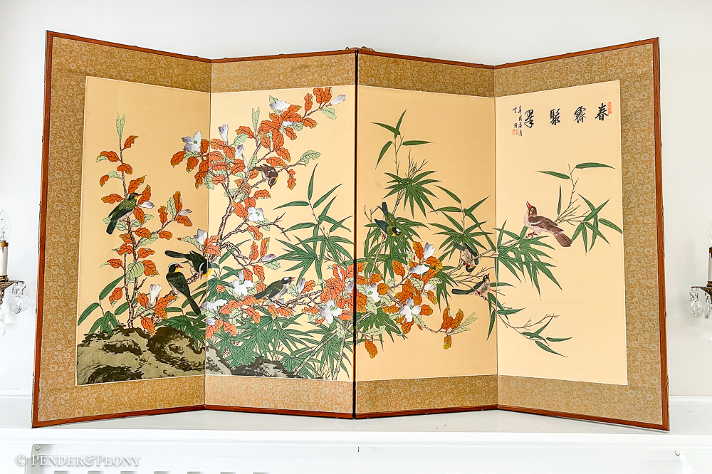 Vintage Chinese Folding Screen with Birds and Bamboo, Signed