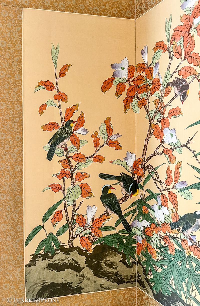 Vintage Chinese Folding Screen with Birds and Bamboo, Signed - Image 8