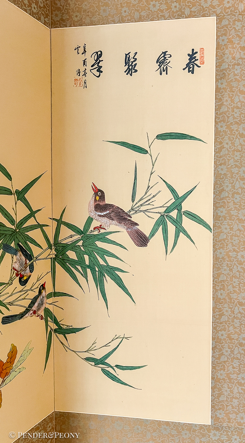 Vintage Chinese Folding Screen with Birds and Bamboo, Signed - Image 3