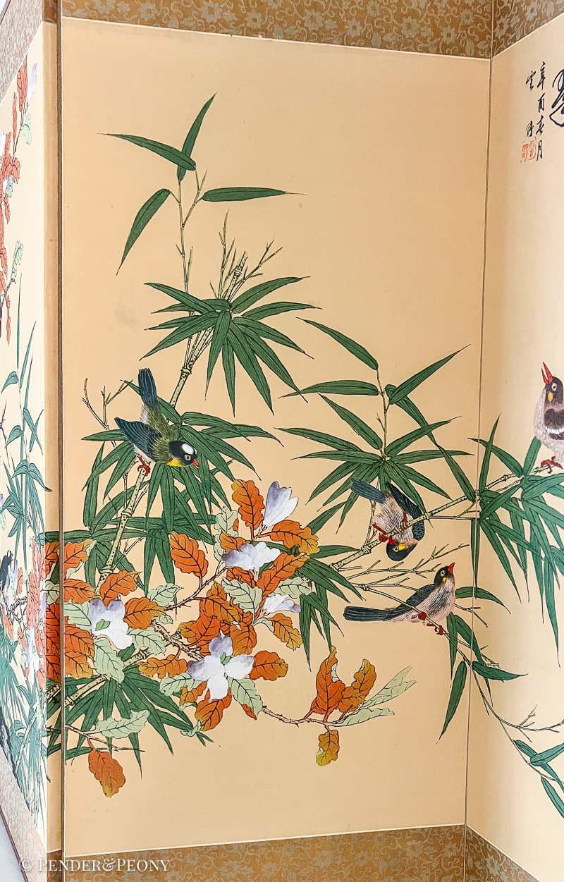 Vintage Chinese Folding Screen with Birds and Bamboo, Signed - Image 5