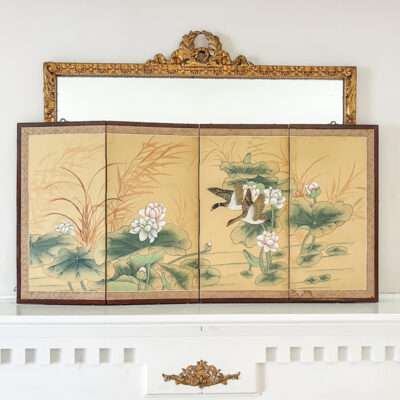 A serene painting of lotus and flying ducks adorn this Japanese style 4-panel byobu.