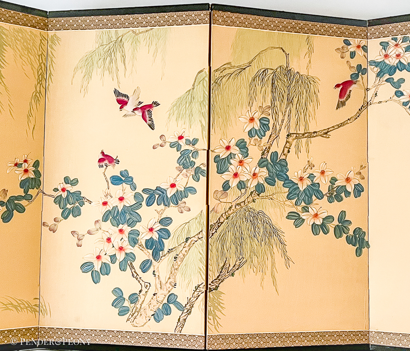 A gorgeous Japanese style byobu with graceful birds in a vivid pink and lovely white flowers with blue leaves/pods.