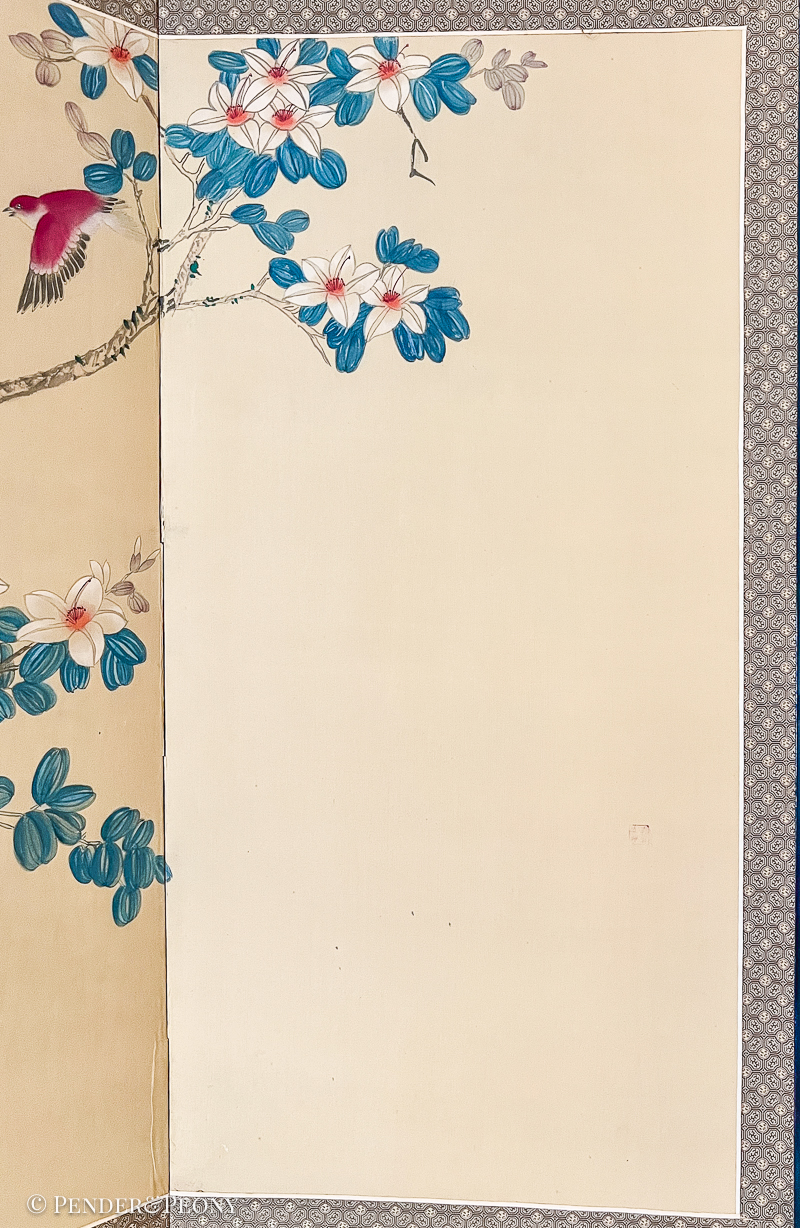 Vintage Chinese Silk Folding Screen, Pink Birds, Signed - Image 3