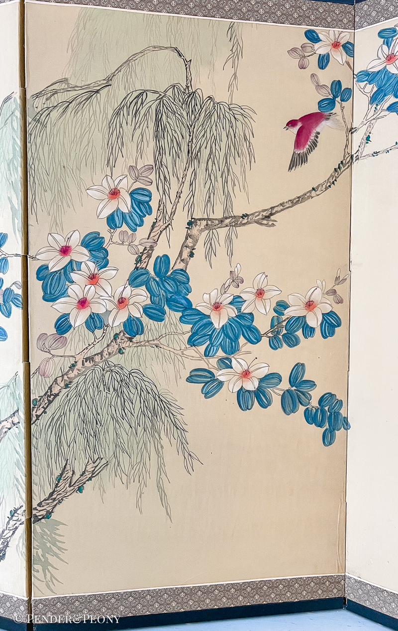 A gorgeous Japanese style byobu with graceful birds in a vivid pink and lovely white flowers with blue leaves/pods.