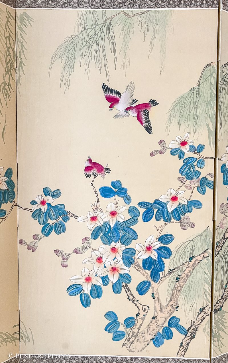 A gorgeous Japanese style byobu with graceful birds in a vivid pink and lovely white flowers with blue leaves/pods.