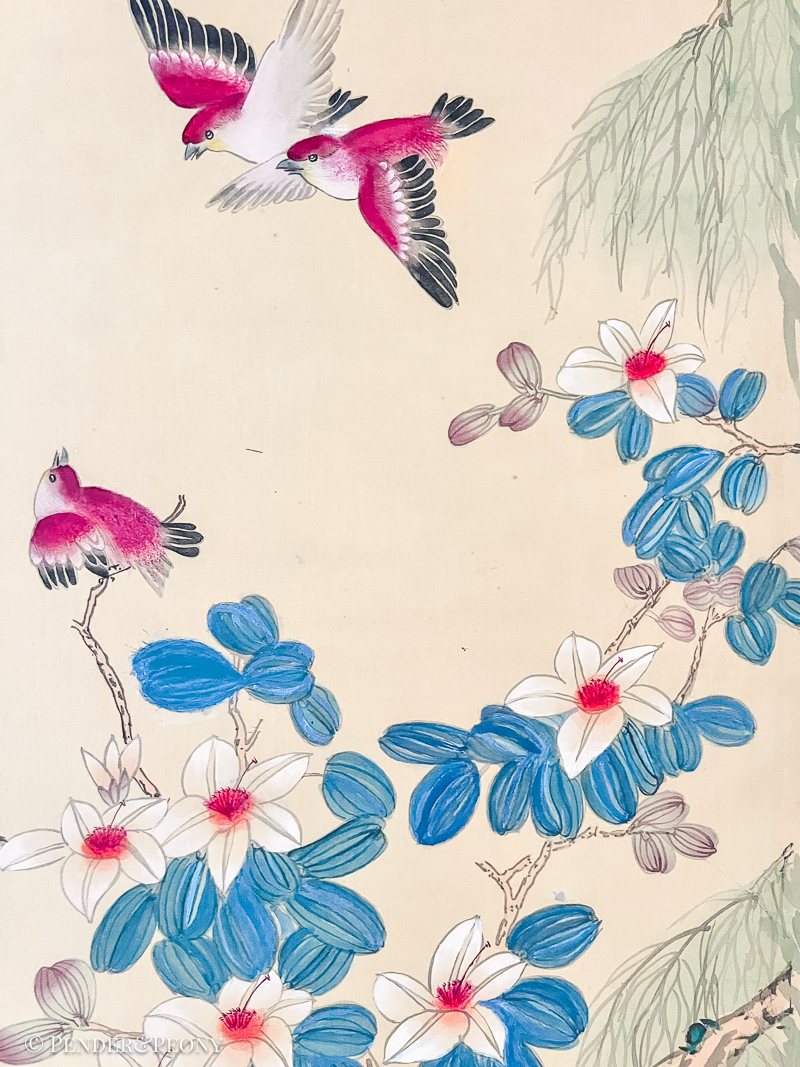 A gorgeous Japanese style byobu with graceful birds in a vivid pink and lovely white flowers with blue leaves/pods.