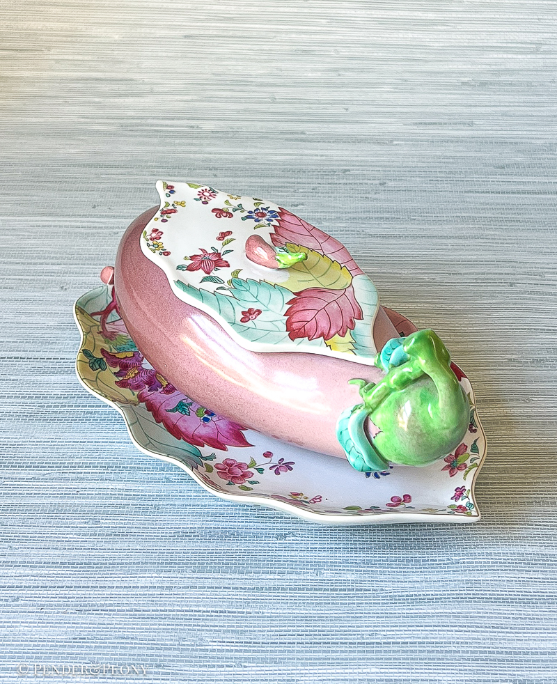 The coveted Mottahedeh tobacco leaf eggplant with underplate.