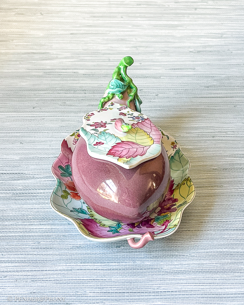 The coveted Mottahedeh tobacco leaf eggplant with underplate.