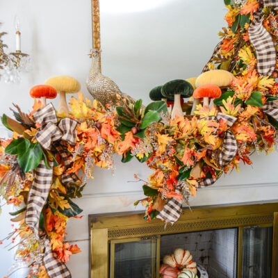 Here is the oak leaf and acorn garland used on my fall mantel and mixed with bittersweet, fern, mangolia, and ribbon