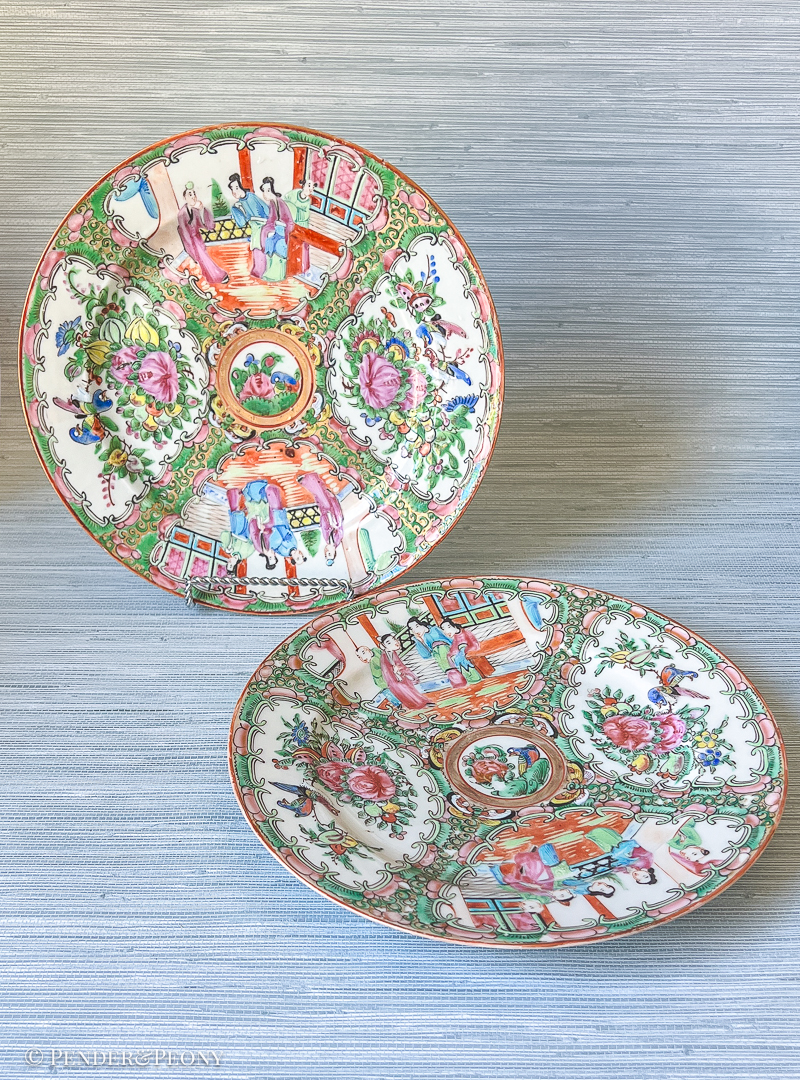 Colorful and pretty dinner plates in the Chinese export pattern Rose Medallion.