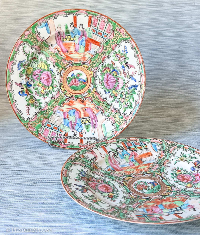 Colorful and pretty dinner plates in the Chinese export pattern Rose Medallion.