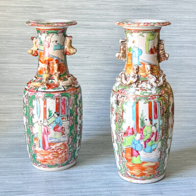 Hard to find Rose Medallion vases with dragon mounted shoulders and foo lion handles.