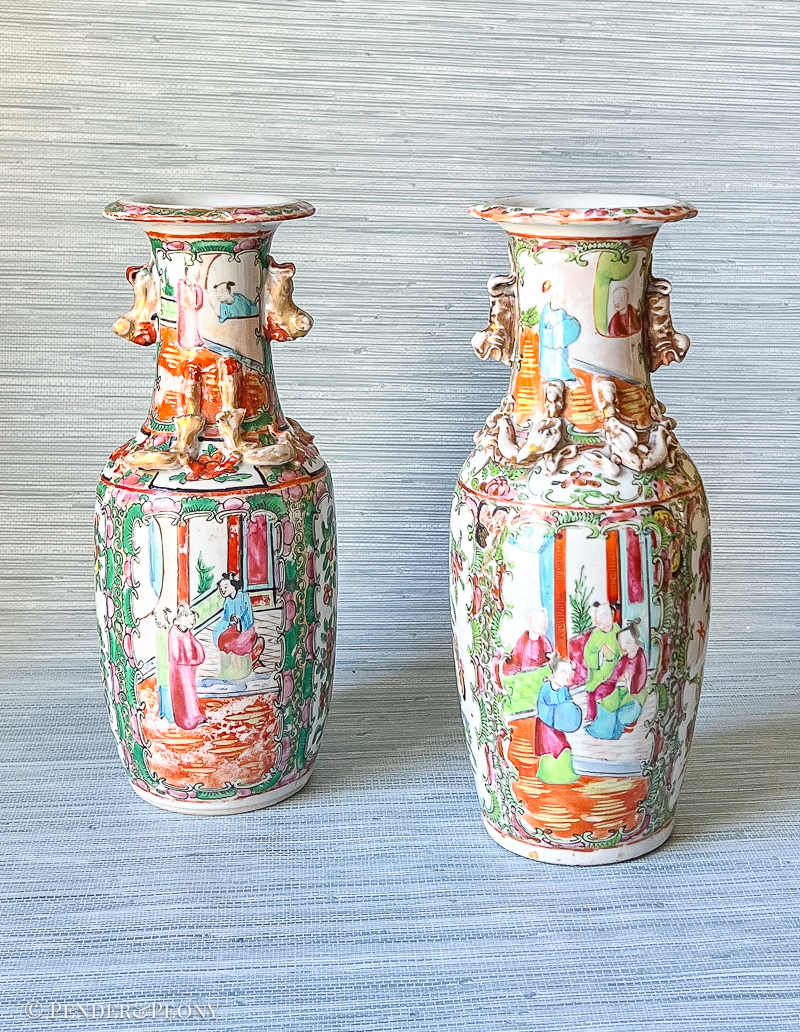 Hard to find Rose Medallion vases with dragon mounted shoulders and foo lion handles.