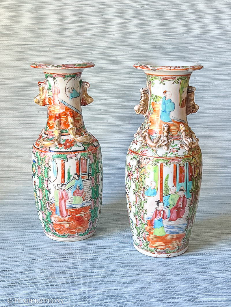 Hard to find Rose Medallion vases with dragon mounted shoulders and foo lion handles.