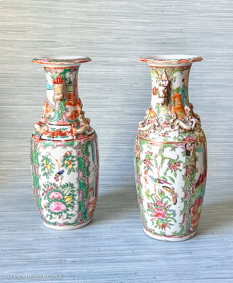 Hard to find Rose Medallion vases with dragon mounted shoulders and foo lion handles.