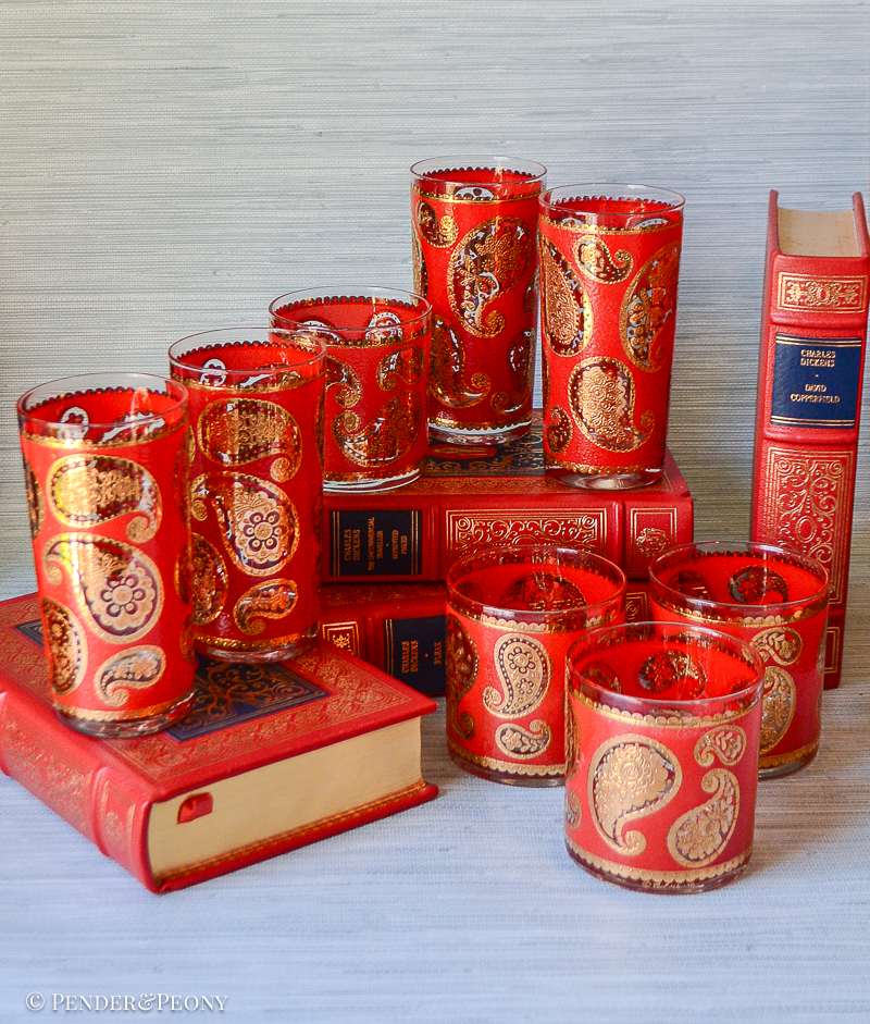 4 low balls and 4 high balls in a bold red paisley from Culver.