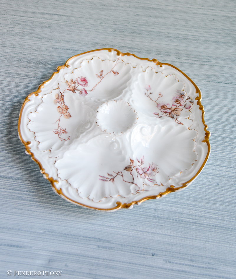 Coiffee et Cie oyster plate with gilt trim and pink roses