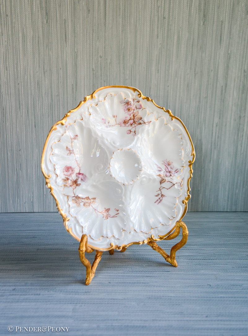 Coiffee et Cie oyster plate with gilt trim and pink roses