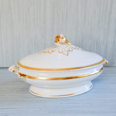 White and Gilt Antique Limoges Porcelain Tureen, oval with fruit knop