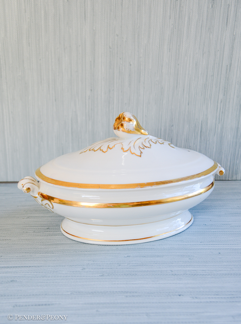 White and Gilt Antique Limoges Porcelain Tureen, oval with fruit knop