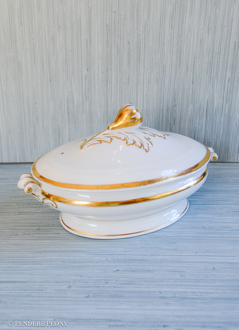 White and Gilt Antique Limoges Porcelain Tureen, oval with fruit knop