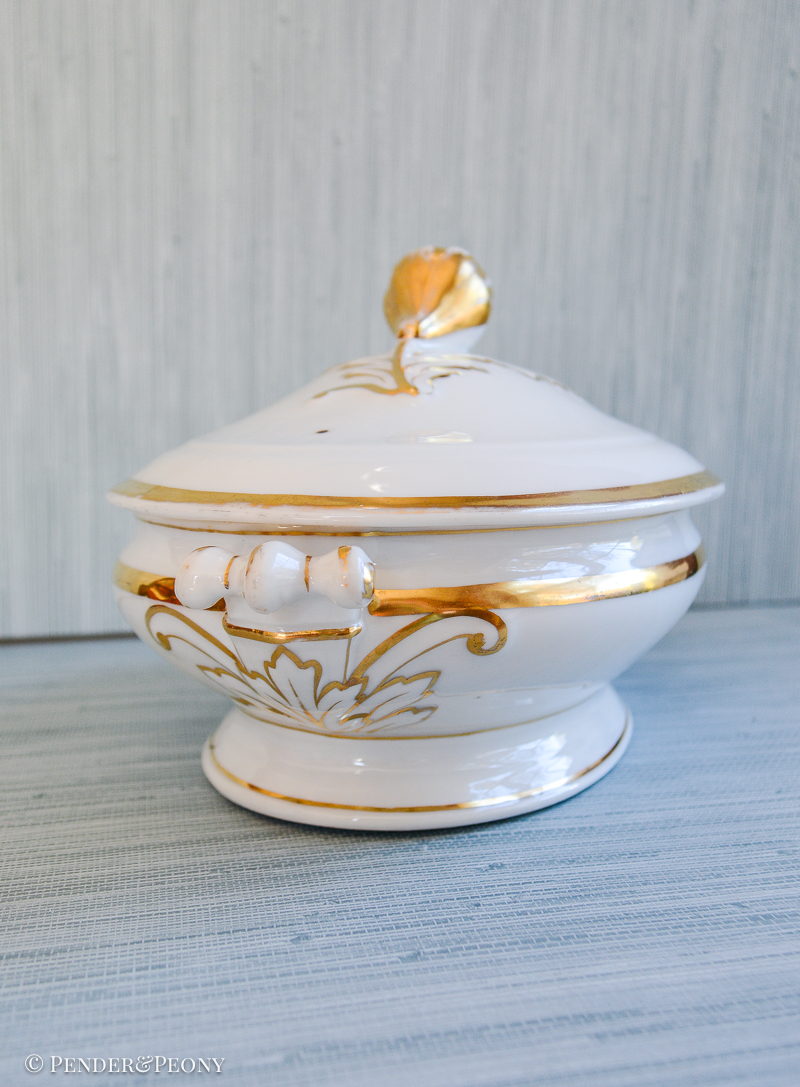White and Gilt Antique Limoges Porcelain Tureen, oval with fruit knop