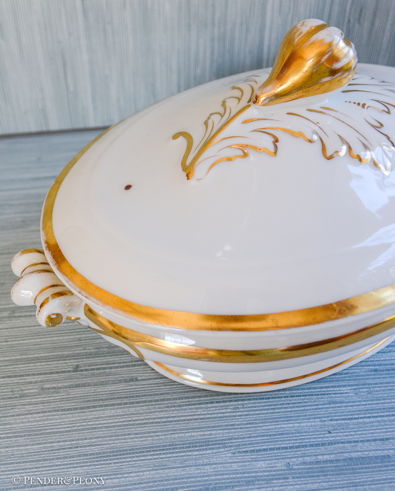 Antique Limoges Oval Tureen, White & Gilt - Image 5