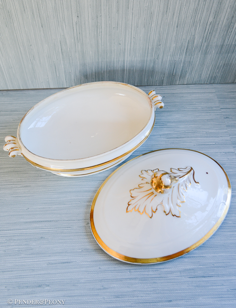 Antique Limoges Oval Tureen, White & Gilt - Image 6