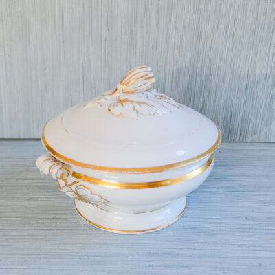 Antique Limoges French Porcelain White and Gilt Tureen, Round with fruit knop