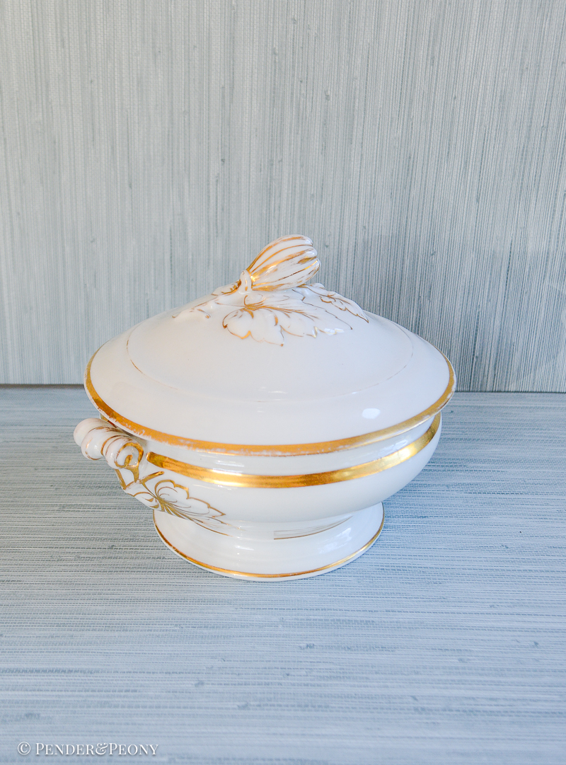 Antique Limoges French Porcelain White and Gilt Tureen, Round with fruit knop