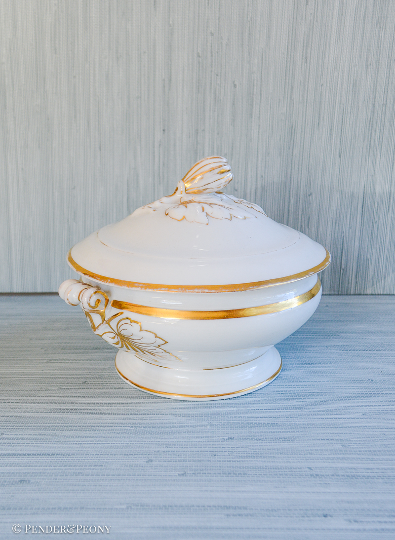 Antique Limoges French Porcelain White and Gilt Tureen, Round with fruit knop
