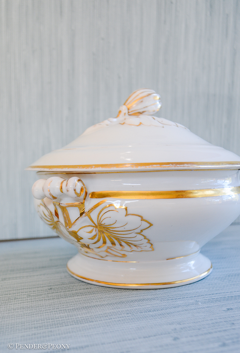Antique Limoges French Porcelain White and Gilt Tureen, Round with fruit knop