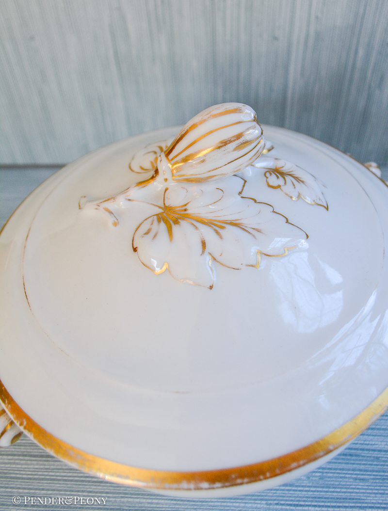 Antique Limoges Round Tureen, White & Gilt - Image 4