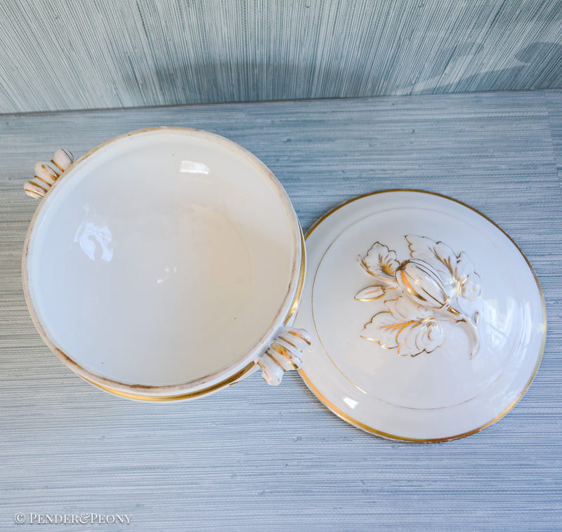 Antique Limoges Round Tureen, White & Gilt - Image 6