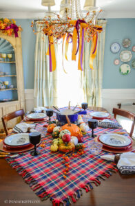 A vintage inspired fondue party with Swissmar set, antique Mottahedeh, plaid, pumpkins, and Murano glass