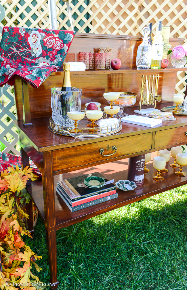 English mahogany server set up as bar