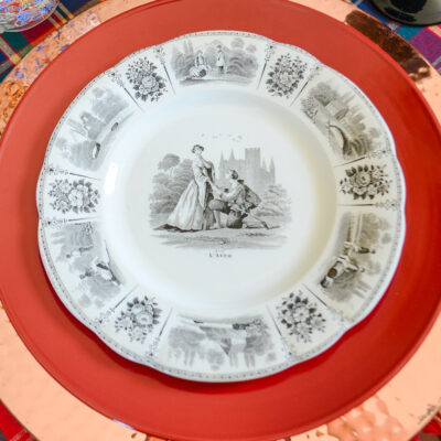 Creil et Montereau LeBeuf Milliet Courting Plates, Black Transferware