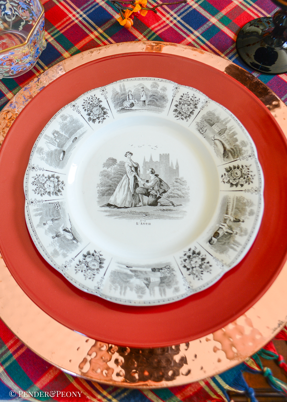 Creil et Montereau LeBeuf Milliet Courting Plates, Black Transferware