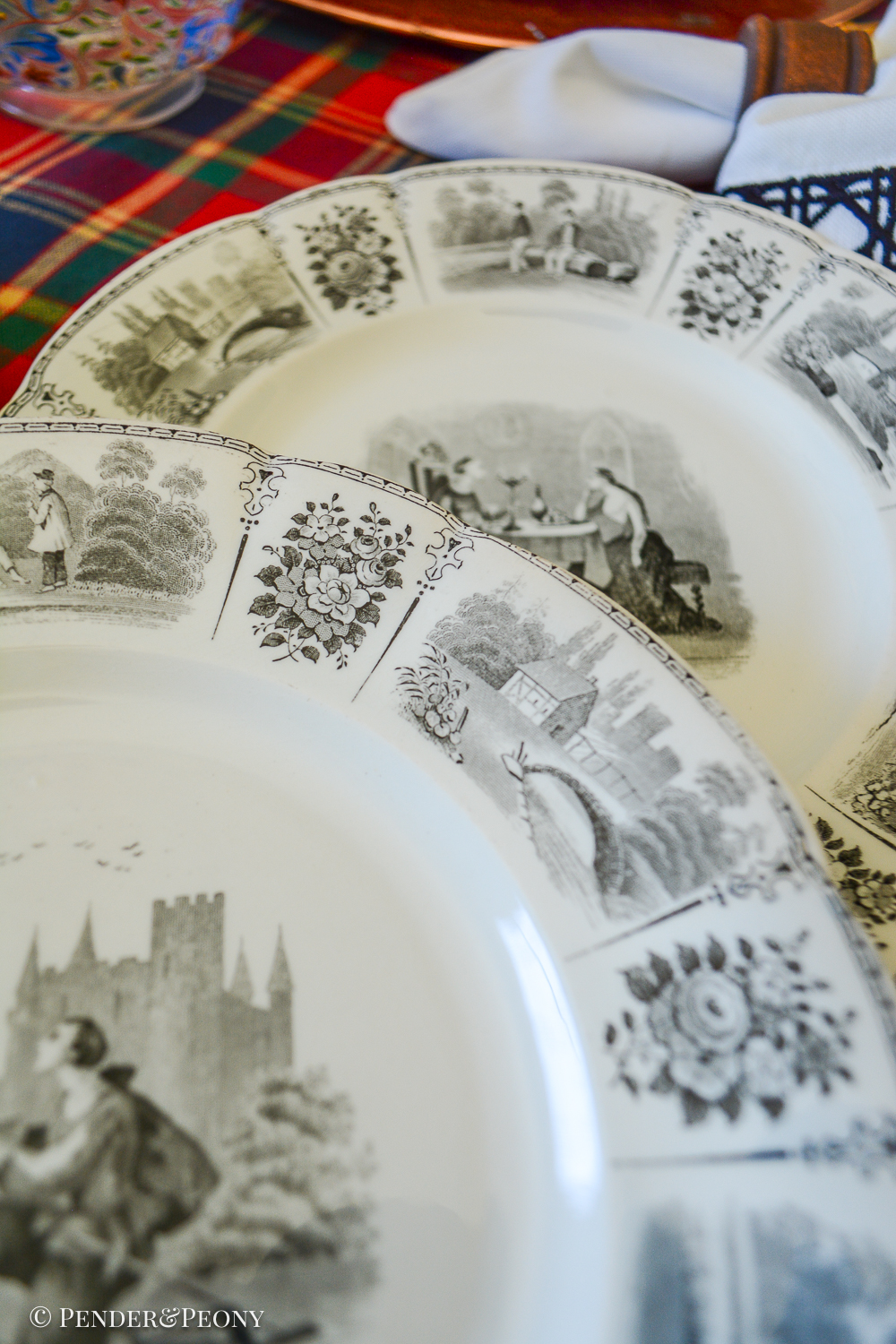 Creil et Montereau LeBeuf Milliet Courting Plates, Black Transferware